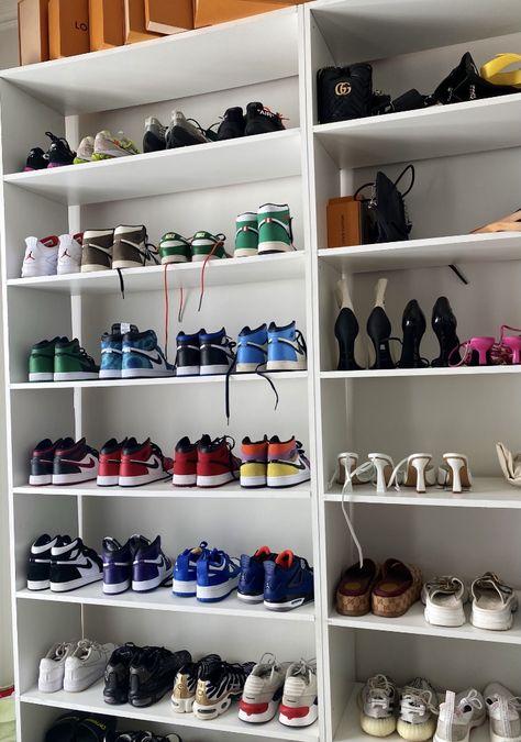 Kylie Jenner Shoes, Sneaker Rack, Sneakerhead Room, Sneaker Closet, Entryway Closet, Metal Shoe Rack, Shoe Wall, Shoes For Boys, Shoe Rack Organization