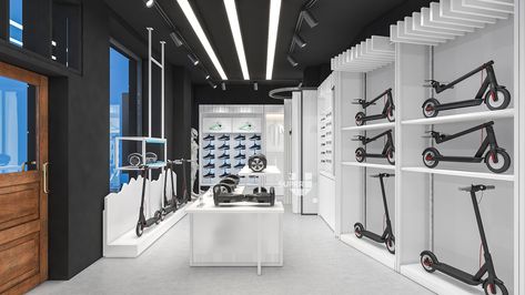 Scooter Store, Scooter Storage, Expo Ideas, Scooter Rental, Scooter Shop, Bike Store, Scooter Bike, Showroom Design, Shop Interior Design