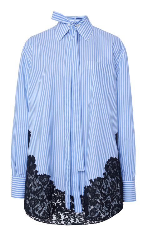 Oversized Lace-Detailed Striped Cotton Top by VALENTINO for Preorder on Moda Operandi Turtleneck Midi Dress, Poplin Top, Cotton Poplin Shirt, Menswear Inspired, Lace Shirt, Poplin Shirt, Tie Neck, Moda Operandi, Valentino Garavani