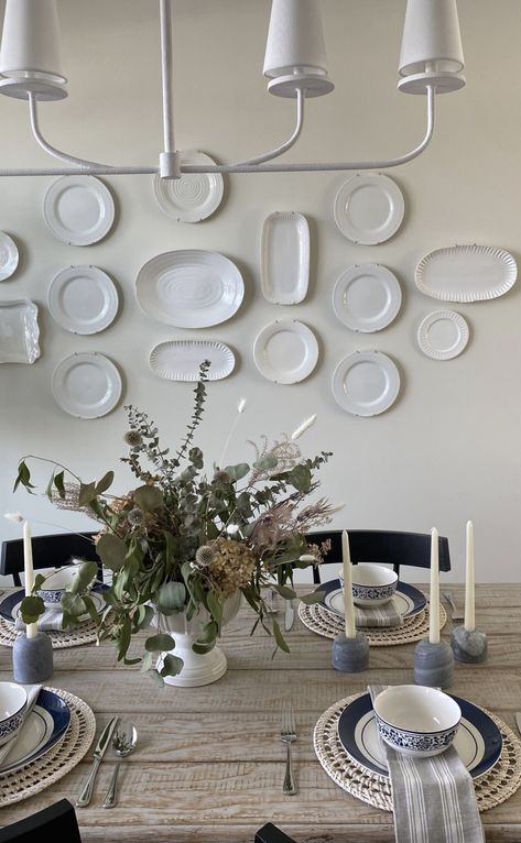 White Platters On Wall, Platters On Wall Display, Plate Wall Decor Dining Room, Hanging Plates On The Wall Ideas, Plate Wall Display, Family Photo Gallery Wall, White Platter, Photo Wall Gallery, Plate Wall