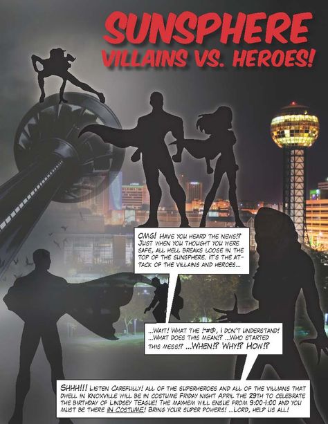 It's a bird... it's a plane... No, silly! It's an invitation I created for my Villains vs. Heroes birthday theme party atop the Sunsphere in Knoxville, TN. Superhero Vs Villian Party Ideas, Villains Party, Batman Joker, Xmas Party, Bday Party, Holidays And Events, Birthday Theme, Invitation Cards, Birthday Party Themes