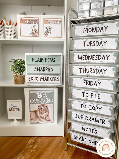 Modern Jungle Classroom, Teacher Trolley, Jungle Classroom Decor, Teacher Cart, Classroom 2023, 2023 Classroom, Jungle Classroom, Classroom Decor Middle, Teacher Toolbox Labels