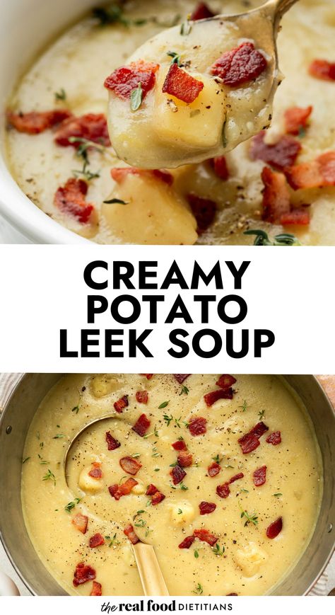 The savory flavors of pureed creamy potatoes, leeks, celery, bacon, herbs, and broth combine for an irresistible bowl of whole-food goodness. Our blender technique provides a creamy texture without the armwork of a potato masher or the heaviness of added cream. Make extra batches of this favorite soup, freeze it in an airtight container, and reheat it for an easy comfort food meal any night of the week. Instapot Potato Leek Soup, Cream Of Potato Leek Soup, Bacon Potato Leek Soup, Leek Potatoes Soup, Leaks And Potato Soup, Potato Leek Bacon Soup Recipe, Potato And Green Bean Soup, Potato Leek Bacon Soup, Cream Of Leek And Potato Soup