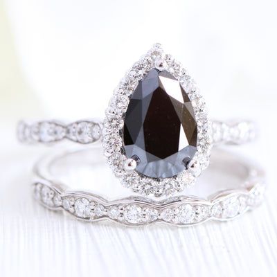 Black Diamond Pear Engagement Ring, Wedding Rings With Black Diamonds, Half Diamond Wedding Band, Pear Ring Set, Unique Black Diamond Engagement Ring, Black Diamond Halo Ring, Black Diamond Bridal Set, Halo Diamond Ring Set, Grooms Men