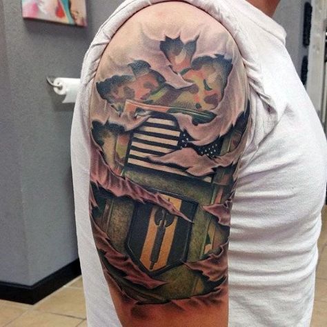 Realistic 3d Mens Military Camouflage Torn Skin Tattoo With Army Patches Half Sleeve Design Us Army Tattoos, Camo Tattoo, Airborne Tattoos, Military Sleeve Tattoo, Tattoos Dainty, Tattoos Cross, Tattoos For Moms With Kids, Tattoos Nature, Tattoos Dragon