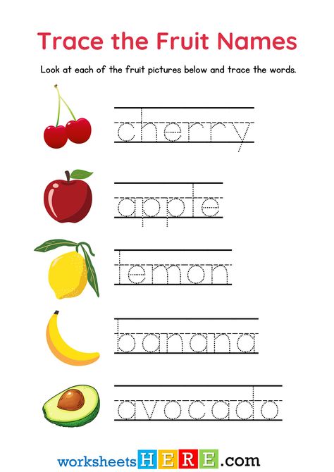 Trace the Fruit Names With Pictures PDF Worksheet For Kindergarten - WorksheetsHere.com Fruit Worksheet, Word Tracing Worksheets, Fruits Name With Picture, Word Tracing, 4 Bananas, Damson Plum, Crab Apples, Worksheet For Kindergarten, Fruit Names