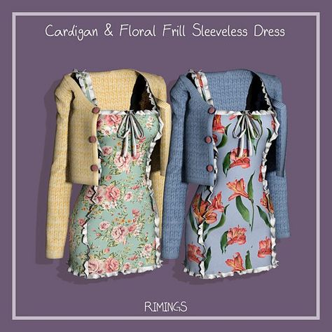 Cardigan and Floral Frill Sleeveless Dress from Rimings Outfit Sims 4 Cc, Cc Skin, Dress And Cardigan, Sims Baby, Pelo Sims, Sims 4 Cc Skin, Cardigan Outfit, Sims 4 Teen, Normal Map