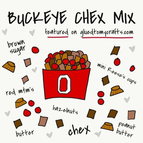 Super EASY Buckeye Chex Mix - Tailgating Recipe - Ohio State Buckeyes - Fall Fan Treat Ohio State Buckeyes Quotes, Ohio State Buckeyes Crafts, Ohio State Michigan, Buckeye Crafts, Chex Mix Recipe, Buckeye Baby, Ohio State Buckeyes Football, Reeses Cups, Chex Mix Recipes