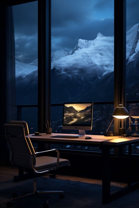 Modern nature inspired office interior overlooking snow covered mountains in winter at Christmas Men Workspace, Office Room Minimalist, Office Inspiration Modern, Male Office Ideas, Workspace Minimalist, Office Ideas Modern, Design Office Ideas, Mountain Office, Imac Office