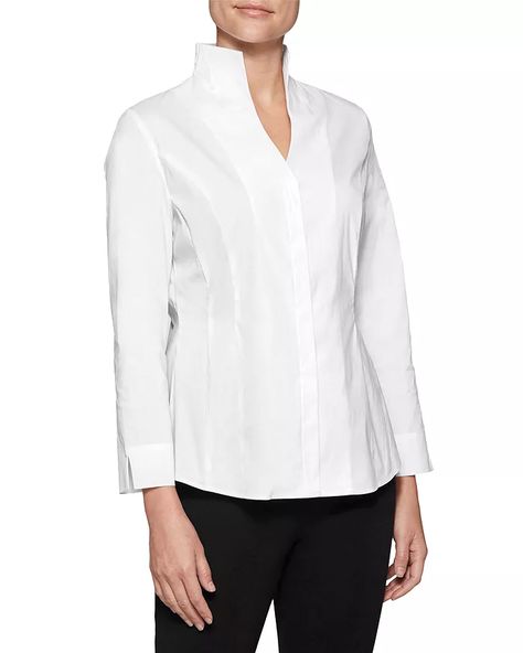 Misook - Mandarin Collar Shirt Mandarin Collar Shirt Women, Restaurant Uniform, Restaurant Uniforms, Mandarin Collar Shirt, Stand Collar Shirt, White Collared Shirt, Dramatic Classic, Cotton Blouse, Urban Style