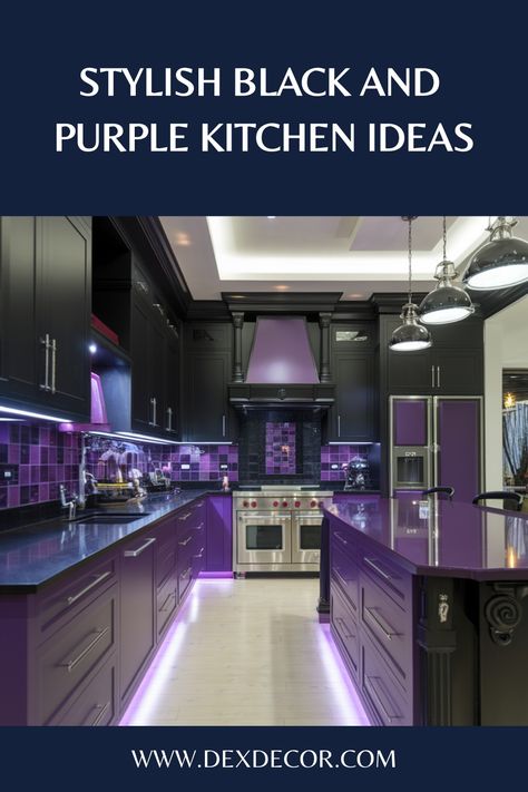 Modern kitchen with black cabinets, purple accents, and under-cabinet lighting. Black And Purple Kitchen, Purple Kitchen Ideas, Purple Kitchen Designs, Kitchen Flooring Trends, Kitchen Tile Inspiration, Industrial Chic Kitchen, Rustic Industrial Kitchen, Ensuite Bathroom Designs, Compact Kitchen Design