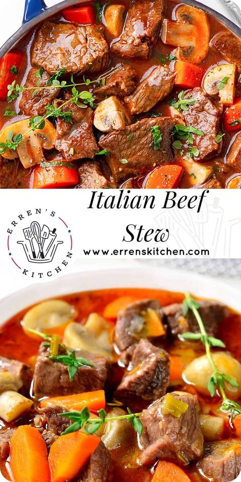 This savory Italian Beef Stew recipe makes a delicious, satisfying stew with a rich tomato gravy and meat that just melts in your mouth! Italian Beef Stew Daniel Mancini, Italian Beef Stew Crockpot, Italian Beef Stew Recipes, Italian Beef Soup, Tomato Beef Stew, Braised Beef Stew, Beef Stew Stove Top, Italian Stew, Beef Stew Meat Recipes