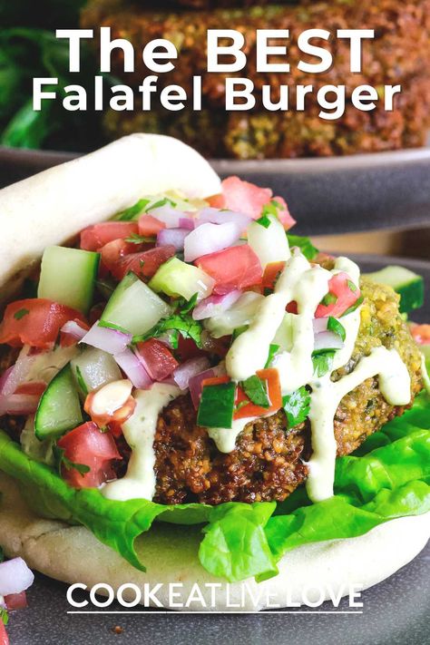 Making homemade falafel doesn't need to be difficult. In this easy to follow recipe whip up a batch of vegan falafel patties that are crispy and flavorful and served up on a bun for a yummy vegan burger. A quick and easy Lemon Tahini Sauce and fresh tomato cucumber salad top off this spin on a plant-based burger. Get the recipe and see step by step how to successfully make the best falafel recipe for burgers. Best Falafel Recipe, Falafel Patties, Best Falafel, Falafel Burger, Vegan Falafel, Homemade Falafel, Tomato Cucumber Salad, Falafel Burgers, Lemon Tahini Sauce