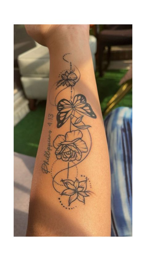 Tattoo With Bible Verse, Floral Butterfly Tattoo, Matching Tats, Floral Bible Verse, Bible Verse Tattoos, Verse Tattoos, Cute Tattoos For Women, Floral Butterfly, Dream Tattoos