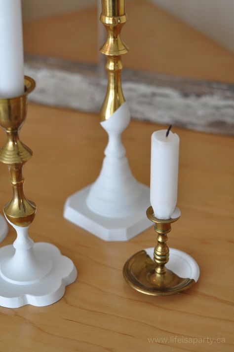 Painted Candlestick Holders, Painted Brass Candlesticks, Upcycled Candlesticks, Diy Candle Stick Holder, Upcycled Candle Holders, Burlap Lampshade, Wedding Layout, Candle Holder Crafts, Diy Candle Sticks