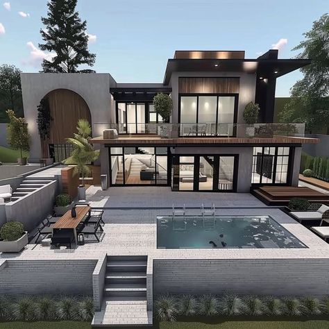 Big Modern Bloxburg House, Bloxburg Backyard Ideas With Pool Modern, Bloxburg House Inspo Modern, Bloxburg House Ideas Morden, Mountain Mansion Bloxburg, Mansion Interior Bloxburg, Bloxburg Exterior Modern, House Bloxburg Mansion, Bloxburg Luxury House