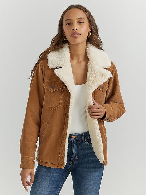 Women's Western Sherpa Lined Corduroy Wrange Coat | Women's JACKETS & OUTERWEAR | Wrangler® Western Autumn Outfits, Western Capsule Wardrobe, Western Women Outfits, Colorado Cowgirl, Western Jacket Women, Carhartt Jacket Women's, Rodeo Fits, Guy Styles, Western Fall Outfits