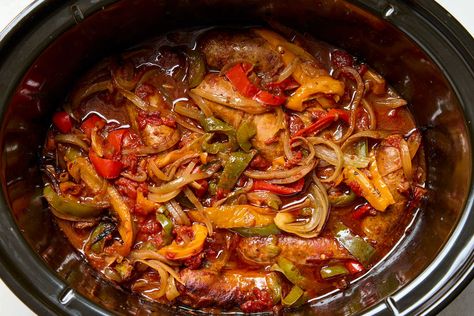 Sausage And Peppers Crockpot Slow Cooker, Meat Casseroles, Nyt Recipes, Sausage Peppers And Onions, Keto Crockpot, Vegetarian Comfort Food, Shrimp And Vegetables, Sausage Dishes, Quick Pasta