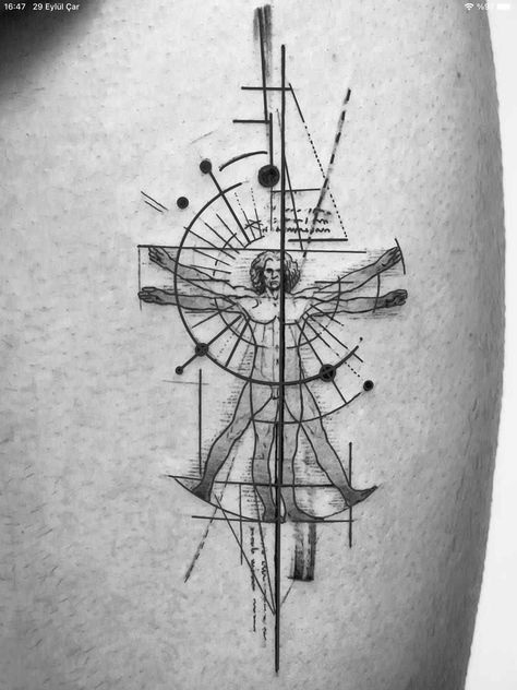 Tattoo On Back Men, Vitruvian Man Tattoo Design, Tiger Tattoo On Back, Vitruvian Man Tattoo, Perspective Tattoos, Geometric Tattoo Leg, Geometric Tattoo Sleeve Designs, Geometric Tattoo Pattern, Mangas Tattoo