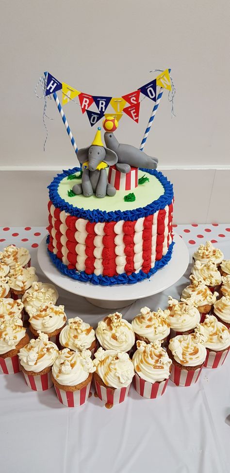 Circus Themed Birthday Cake, Greatest Showman Birthday Party Cake, Carnival Theme Smash Cake, Three Ring Circus Birthday Party, Circus Smash Cake Ideas, 3 Ring Circus Birthday Cake, Circus Theme Cake Buttercream, Cakes Without Fondant, Carnival Birthday Theme