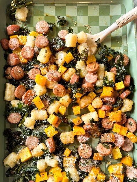 HARVEST SHEET PAN GNOCCHI WITH CRISPY KALE Gnocchi Squash, Dump And Bake Dinner, Frozen Gnocchi, Harvest Sheet Pan, Nourishing Dinner, Sheet Pan Gnocchi, Bake Dinner, Dump And Bake, Cauliflower Gnocchi