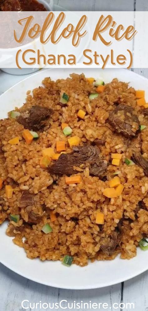 This recipe for Ghanaian jollof rice brings you a brightly colored red/orange rice dish, with a wonderful spice and rich, spicy, and saucy meat. Jollof rice is a much-loved festive dish that is often served at weddings, parties, and other large gatherings. It is a brightly colored orange to red rice dish, due to being cooked in a rich and spicy tomato-based sauce. Orange Rice Recipe, Orange Rice, Beef Patties Recipes, Ghana Style, African Recipes Nigerian Food, Ghanaian Food, Nigerian Recipes, African Cooking, Jollof Rice