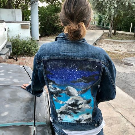 Beautiful One-Of-A-Kind Hand Painted Denim Jacket Fits Size Small Medium And Large More Of A Boyfriend Fit Night Sky With Full Moon Jean Jacket Art, Jean Jacket Painted, Dark Wash Denim Jacket, Black Jean Jacket, Demin Jacket, Vintage Jean Jacket, Hand Painted Denim Jacket, Distressed Jacket, Painted Denim Jacket