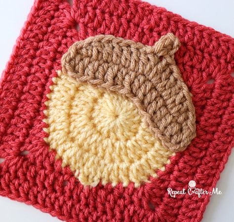 Crochet Acorn Square - Repeat Crafter Me Fall Themed Crochet, Crochet Acorn, Fall Sewing Projects, Square Crochet Pattern, Red Heart Super Saver Yarn, Tiny Tree, Crochet Square Blanket, Repeat Crafter Me, Fall Crochet Patterns