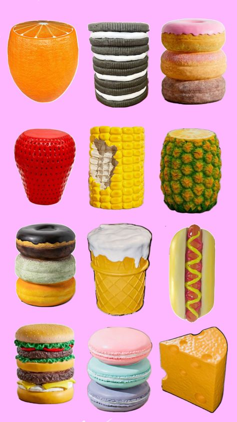 Chairs for your home that will make your mouth water 🤤 - food shaped home decor and furniture/chairs - orange stool, oreo stool, hotdog stool, icecream stool, donut stool, strawberry stool, cheese stool, corn stool, burger stool, macaron stool Cool Room Decor, Food Shapes, Furniture Chairs, Fake Food, Cute Room Decor, Food Decoration, Kids Playroom, Rustic Furniture, Dream Home Design