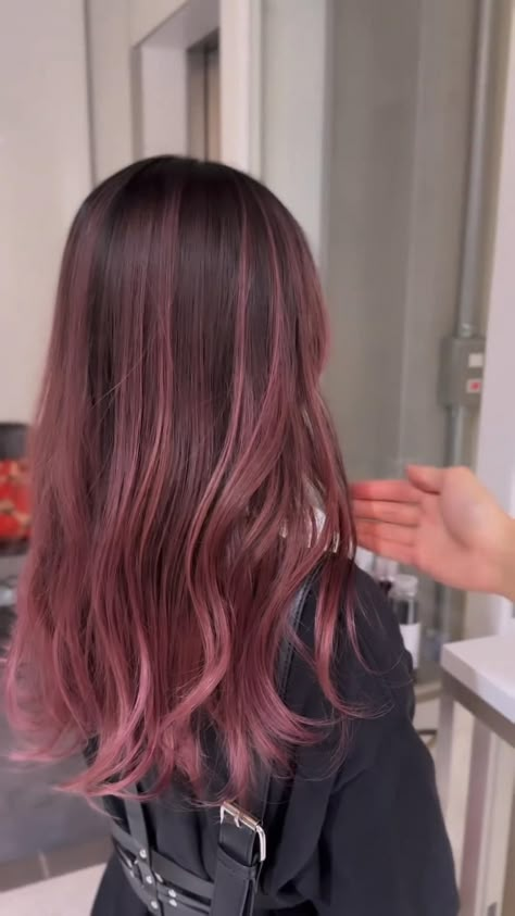 Pink Hair Brunette Balayage, Light Pink Highlights In Brown Hair Straight, Pink Hair With Dark Hair, Pink Reddish Hair, Pink Over Dark Brown Hair, Cherry Pink Brown Hair, Dusty Pink Highlights Black Hair, Dark Pink Hair With Light Pink Highlights, Dusty Pink Brown Hair