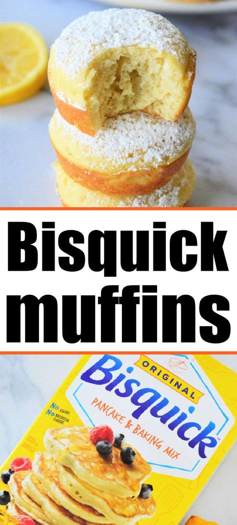 Bisquick muffins can be made with blueberries, chocolate chips or lemon like we did here. Fluffy, easy and quick to throw together and bake. #bisquickmuffins #lemonmuffins Blueberries Muffins Easy, Bisquick Pancake Muffins, Bisquick Muffins Recipes, Bisquick Muffin Recipes, Bisquick Breakfast Muffins, Dried Cherry Muffins, Strawberry Blueberry Muffins, Bisquick Blueberry Muffins, Bisquick Inspired Recipes