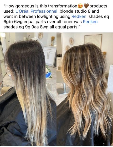 Balayage On Level 6 Hair, Golden Blonde Toner Formula, Honey Blonde Hair Redken Shades, Redken Shades Bronde Formula, Redken Shades Lowlight Formulas, Blonde Hair Formulas Redken Shades, Natural Blonde Redken Formulas, Bronde Lowlights Formula, Redken Shades Eq Golden Blonde Formula