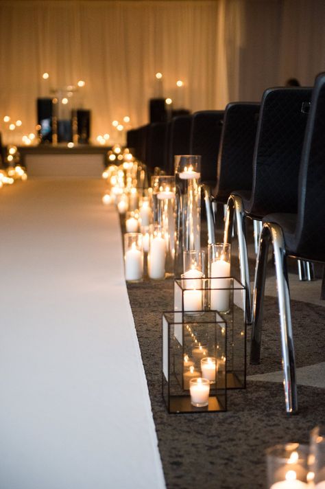 Ballroom Ceremony, Monochromatic Wedding, Geometric Lantern, Aisle Decorations, Black And White Wedding Theme, Wedding Isles, Wedding Ceremony Ideas, Indoor Wedding Ceremonies, White Wedding Theme