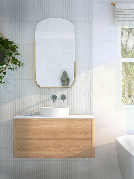 Timber Wall Hung Floating Vanities Bathroom Floating Vanity Ideas, Powder Room Tile, Timber Bathroom Vanities, Farm Bathroom, Laneway House, Slim Shaker, Wall Hung Bathroom Vanities, Custom Floating Shelves, Oak Vanity