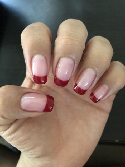 Red tip nails Red French Nails Design Square, Nude Nails With Red Tips, Red Tip Dip Nails, Red Tipped Nails French, French Nails With Red Tips, Red French Tip Nails Squoval, Red French Tip Square Nails, Red Fade Nails, Dark Red French Tip Nails Square