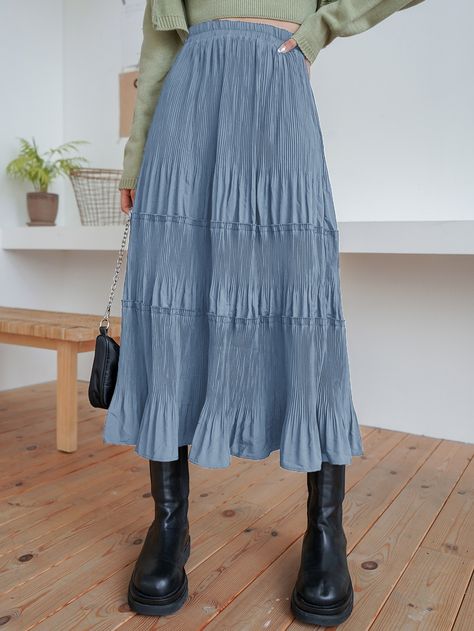 Dusty Blue Casual Collar  Fabric Plain Layered/Tiered Embellished Non-Stretch Spring/Summer/Fall Women Bottoms Ruffle Skirts For Women, Black Ruffled Dress Outfit, For Days Clothing, Trendy Shoes For Women Casual Work, Summer Fashion Skirts, Fall Midi Skirts, Long Fall Skirts, Midsize Maxi Skirt, Fall 2022 Skirts