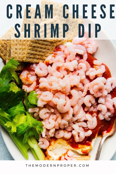 Cream cheese, cocktail sauce, bay shrimp and crackers. If you think this cream cheese shrimp dip is something only your grandma would bring to a party, think again. Made with the best cocktail sauce ever, it’s an old-school classic ready to make a comeback. Cream Cheese And Cocktail Sauce Dip, Mini Shrimp Dip, Shrimp Cocktail Dip Recipe, Shrimp Ball Cream Cheese, Cream Cheese Shrimp Dip Cocktail Sauce, Shrimp Dip With Cream Cheese Cold, Cream Cheese Shrimp Dip, Potluck Treats, Shrimp Dip With Cream Cheese