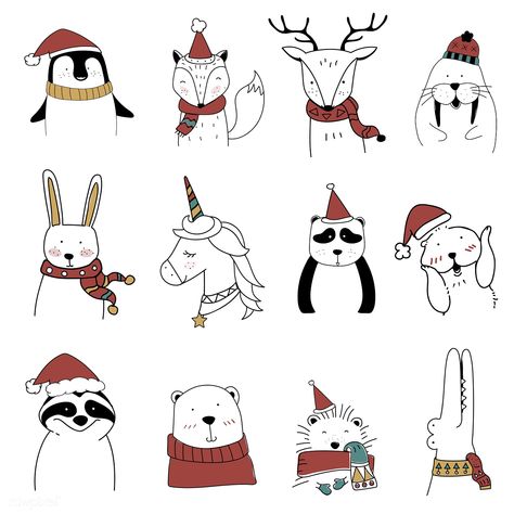 Hand drawn animals enjoying a Christmas holiday | free image by rawpixel.com Christmas Animals Drawing, Christmas Illustration Design, Drawn Animals, Xmas Drawing, Christmas Simple, Simple Drawings, Baby Printables, Card Inspo, Mask Ideas