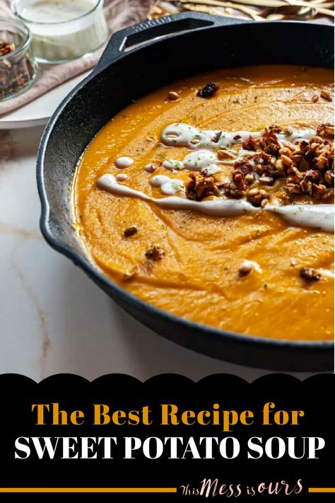 In the world of comfort food, few dishes hold a candle to a bowl of roasted sweet potato soup. It's like a warm, inviting embrace, with a blend of flavors that transports you to a cozy fireside on a chilly evening. At the heart of the dish, the modest sweet potato radiates a comforting, irresistible natural sweetness. @cagrown #thismessisours @casweetpotatoes #comfortfood Roasted Italian Sweet Potato Soup, Roasted Sweet Potato Soup, Dried Apple Chips, Sweet Pumpkin Seeds, Roasted Sweet Potato, Gluten Free Recipes For Breakfast, Best Gluten Free Recipes, Dried Apples, Sweet Potato Soup