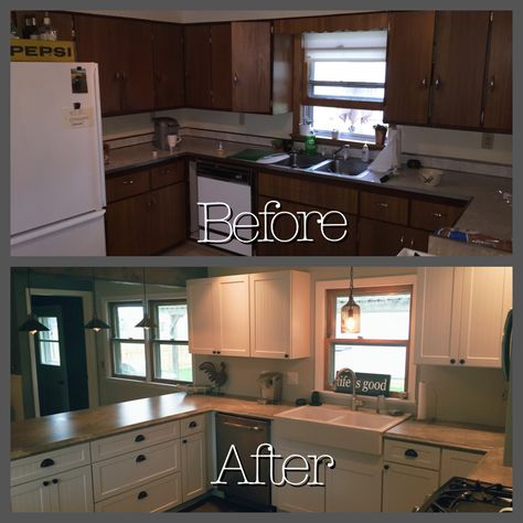 Our 1950's kitchen remodel. My husband did it all! 1950 Kitchen, 1950s Kitchen Remodel, Condo Kitchen Remodel, Inexpensive Kitchen Remodel, Kitchen Remodel Pictures, Ikea Kitchen Remodel, Simple Kitchen Remodel, Kitchen Remodel On A Budget, 1950s Kitchen