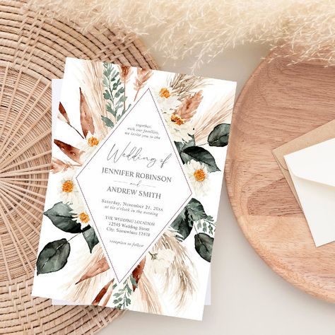 Boho Copper Pampas Grass & Beige Floral Wedding Invitation Boho Elegant Wedding, Desert Boho Wedding, Tropical Boho Wedding, Bohemian Invitation, Boho Glam Wedding, Chalkboard Writing, Wedding Announcement Cards, Bohemian Theme, Wedding Invitations Boho