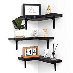 Black Wall Shelves, Wood Corner Shelves, Corner Storage Shelves, Floating Shelves Bedroom, Black Floating Shelves, Room Decor Dark, Floating Corner Shelves, Corner Display, Kitchen Garage