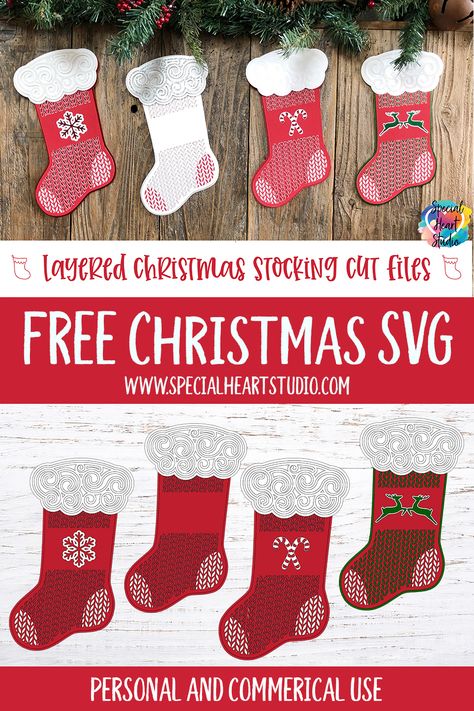 Free Layered Christmas Stocking Cut file in SVG and DXF formats. Perfect for Cricut and Silhouette. Use these fun and free files to decorate for Christmas. Use the Snowflake, Candy Canes, Deer, and a blank version you can personalize.  Personal and Commercial use. free | SVG | Cut File | Cricut | Layered Mandala | Silhouette Free Svg Templates, Mandala Silhouette, Laser Crafts, Cricut Christmas Ideas, Layered Mandala, Decorate For Christmas, Paper Embellishments, Ideas Navideñas, Svg Ideas