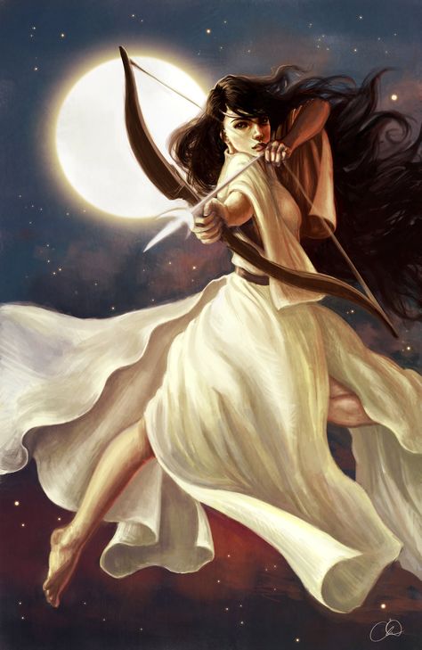 Goddess of the Moon, Christy Tortland on ArtStation at https://www.artstation.com/artwork/zAQzL Greek Goddess Art, Artemis Goddess, Goddess Of The Moon, Greek Gods And Goddesses, Greek Mythology Art, Roman Mythology, Bow And Arrow, Mythology Art, Goddess Art