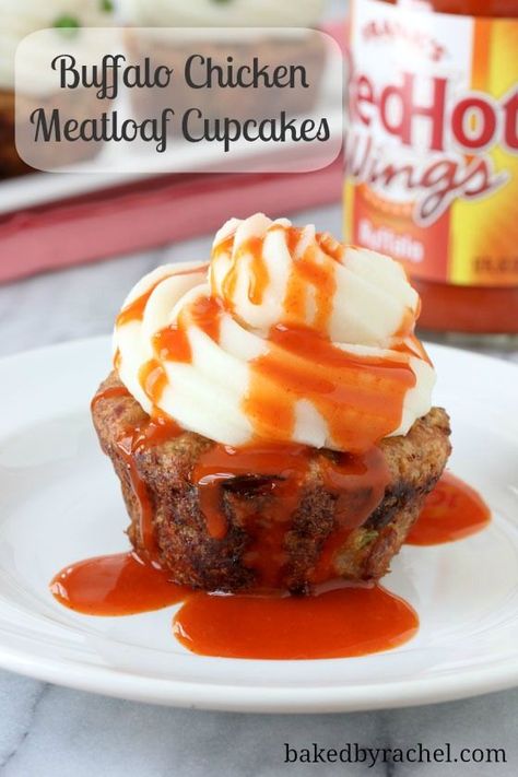 Buffalo Chicken Meatloaf Cupcakes with Mashed Potato Frosting Recipe - bakedbyrachel.com Buffalo Chicken Meatloaf Muffins, Meatloaf Cupcakes With Mashed Potato Frosting, Buffalo Chicken Smashed Potatoes Cups, Buffalo Chicken Loaded Potato, Meatloaf Cupcake, Meatloaf Stuffed Peppers, Buffalo Chicken Meatloaf, Chicken Cupcakes, Meatloaf Cupcakes