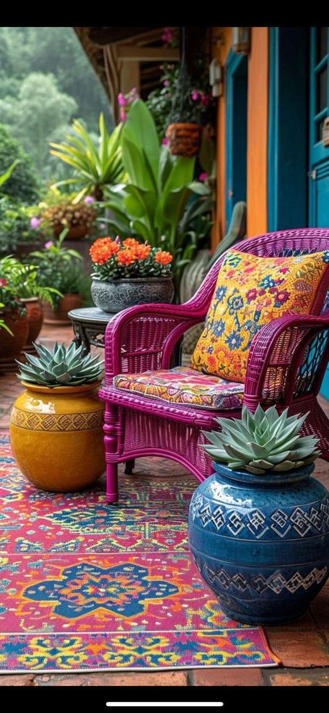 Summer Porch Decor, Balcony Design, Outdoor Patio Decor, Backyard Patio Designs, Balcony Decor, Colorful Furniture, Outdoor Rooms, Backyard Decor, Design Case