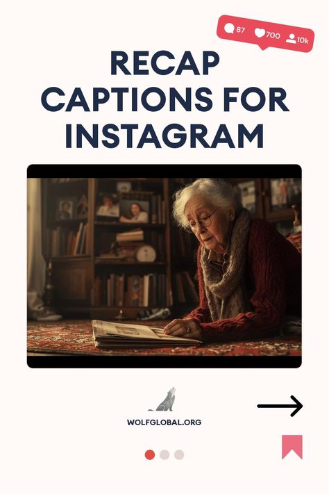 Elderly woman reading a book in a cozy room with infographic about Instagram captions.
Graphic with checklist of nostalgic sentiments and a call-to-action button for more content from wolfglobal.org.
Image of a smiling woman with a laptop, social media icons, and an invitation to join an Instagram engagement pod. Grandma Captions, Memories Instagram Captions, Recap Captions Instagram, Recap Quotes, Recap Captions, Love Instagram Captions, Memories Caption, Catchy Captions, Grandma Love