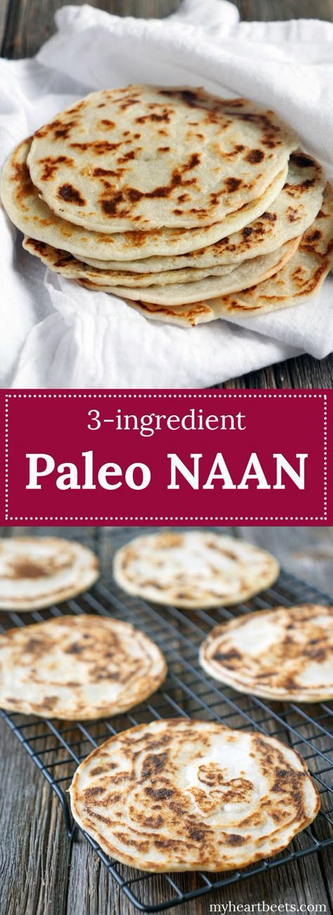 This is made with just 3 ingredients!! Use it as a tortilla for tacos, flatbread, naan for curries, crepes and so much more!! It's so simple to make!! Paleo naan. Paleo Naan, Paleo Snack, Paleo Bread, Flat Breads, Indian Bread, Paleo Whole 30, How To Eat Paleo, Chapati, Diet Keto