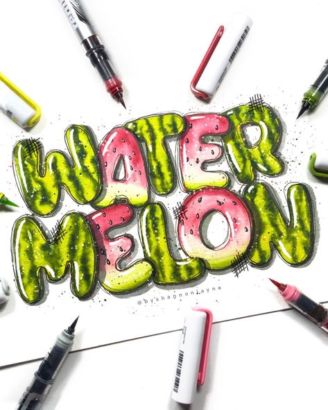 Watermelon Lettering, Pro Markers, Modern Lettering, Hand Lettering Tutorial, Creative Lettering, Bubble Letters, Bujo Inspiration, Block Lettering, Calligraphy Art