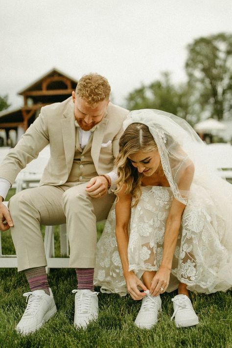 Wedding Sneakers for Bride and Groom | Image by Cambria Shelley Photography Wedding Sneakers For Groom, Groom In Sneakers, Wedding Matching Sneakers, Matching Shoes Wedding, Wedding Shoe Photos, Bride And Groom Matching Shoes, Matching Wedding Shoes Bride And Groom, Matching Wedding Sneakers Bride And Groom, Sneakers For Bride And Groom